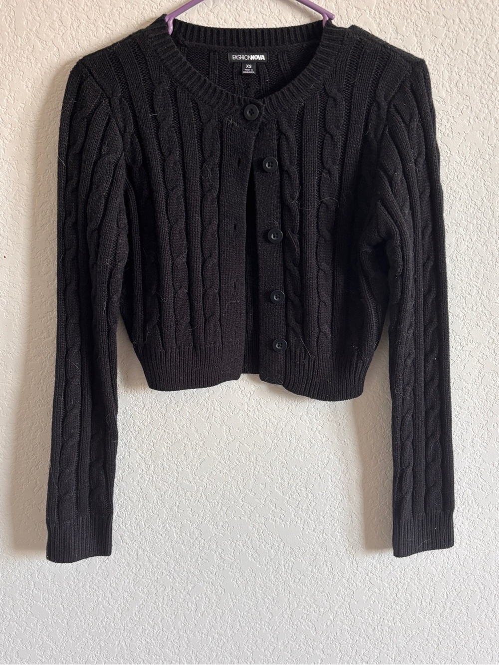 Fashion Nova Black Cable-Knit Cropped Button-Front Sweater Size XS